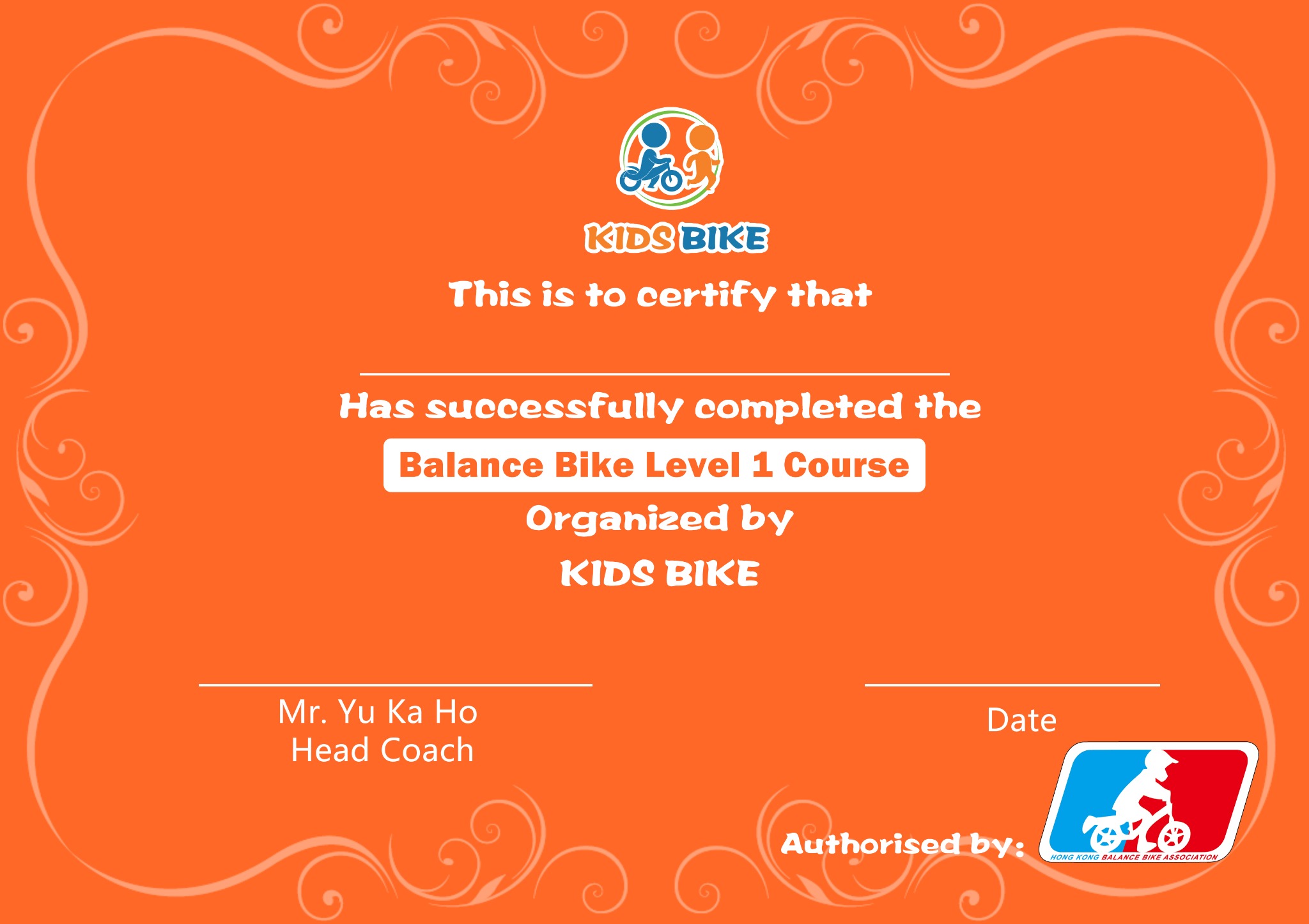 Kids Bike Level 1 高清橙色證書